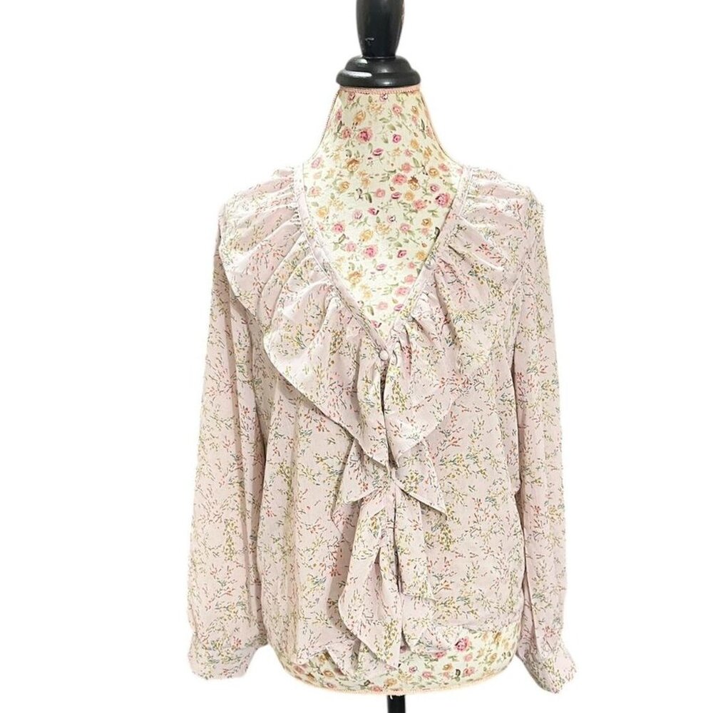 Pink floral blouse with ruffle collar and tie front size medium  Op7
